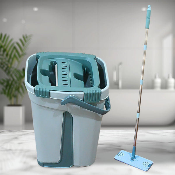 Scratch cleaning mop with self-cleaning feature and hands-free use.