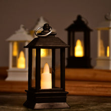 Rustic lantern with battery-operated light.