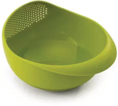 Big plastic rice strainer with drainage holes, perfect for washing and storing grains.